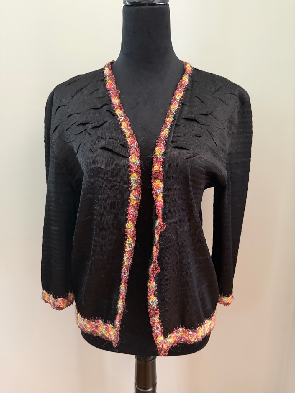 Alberto Makali Vintage Black Open-Front Cardigan with Multicolor Fringe Trim M